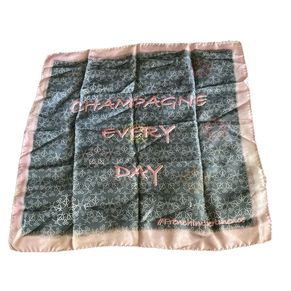 NICOLAS FEUILLATTE FRANCE CHAMPAGNE 100% SILK SCARF GRAY PINK LOGO SQUARE RARE